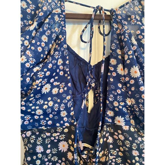 Free People Tessa Mini Dress Ruched Black Navy Blue Floral size small - Picture 3 of 10